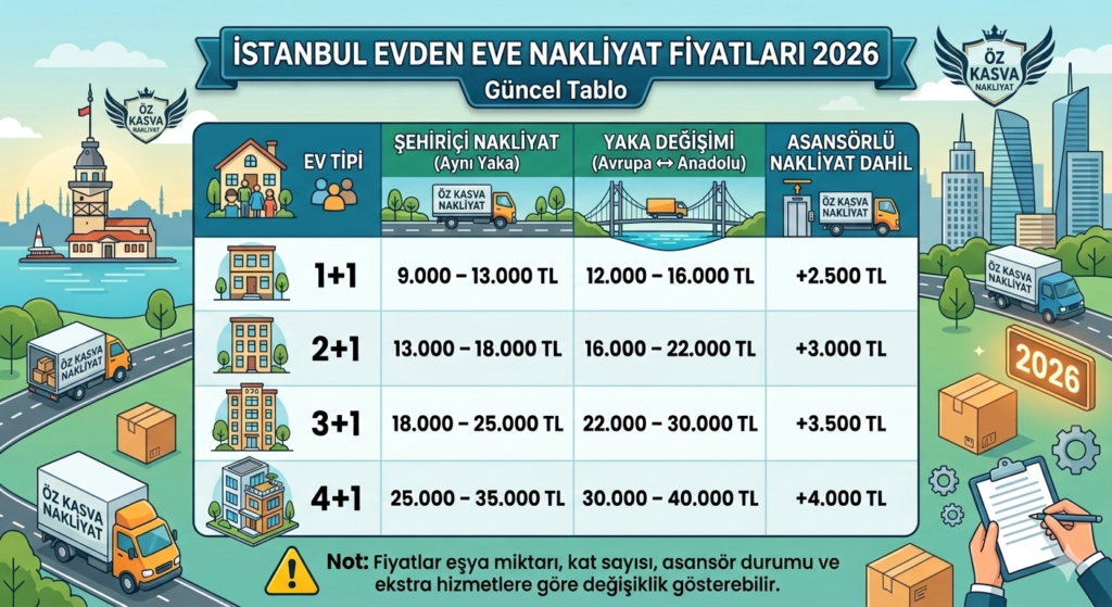 İstanbul Evden Eve Nakliyat Fiyatları 2026 yılında ne kadar? 1+1, 2+1, 3+1 ve 4+1 daireler için güncel fiyatlar, asansörlü taşımacılık farkları, paketleme ve sigortalı taşıma detayları bu rehberde. İstanbul’da güvenli taşımacılık için hemen okuyun!
